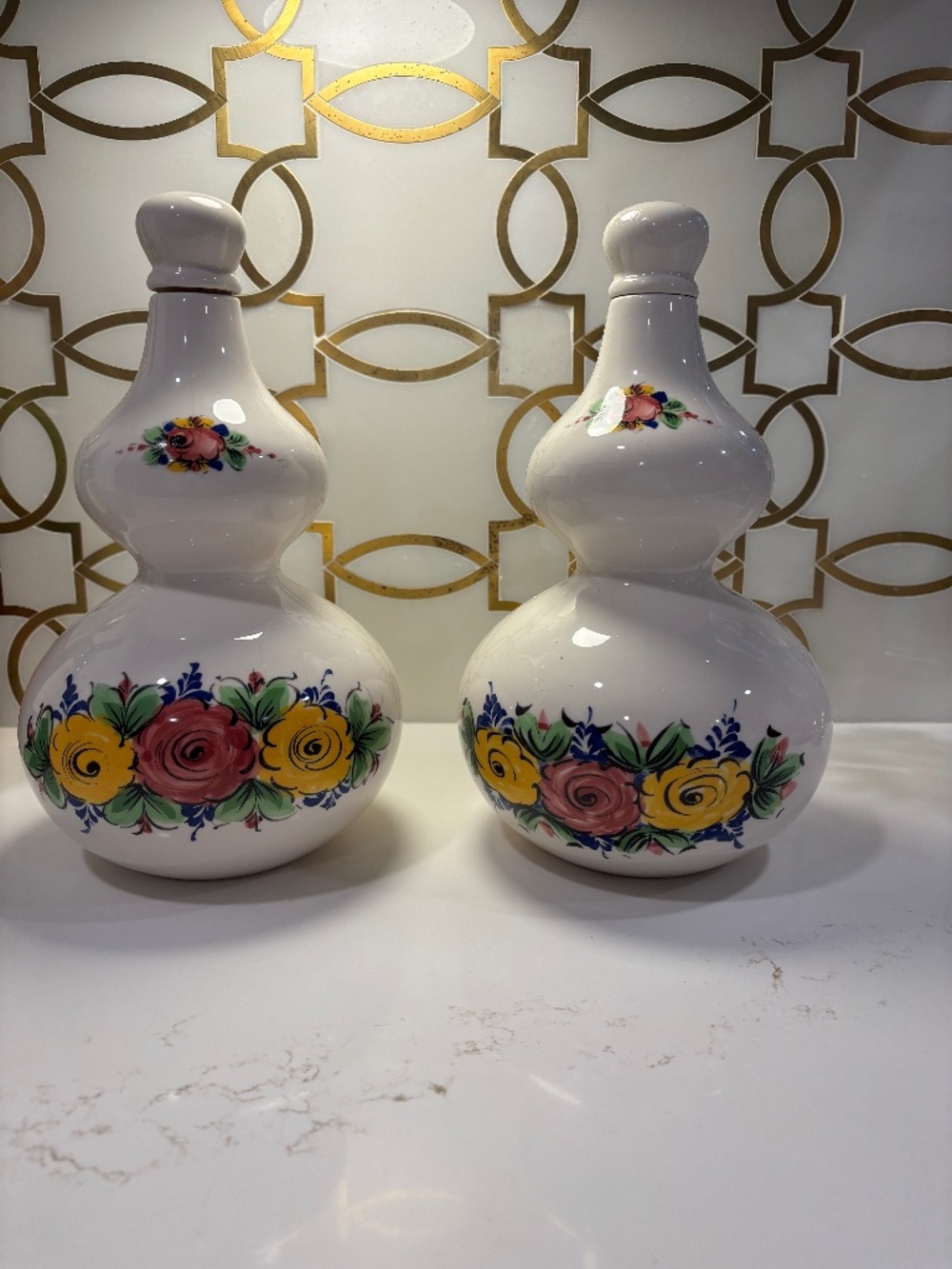 Set of 2 Vestal Hand Painted Portugal Art Pottery Vase Flowers Yellow Red